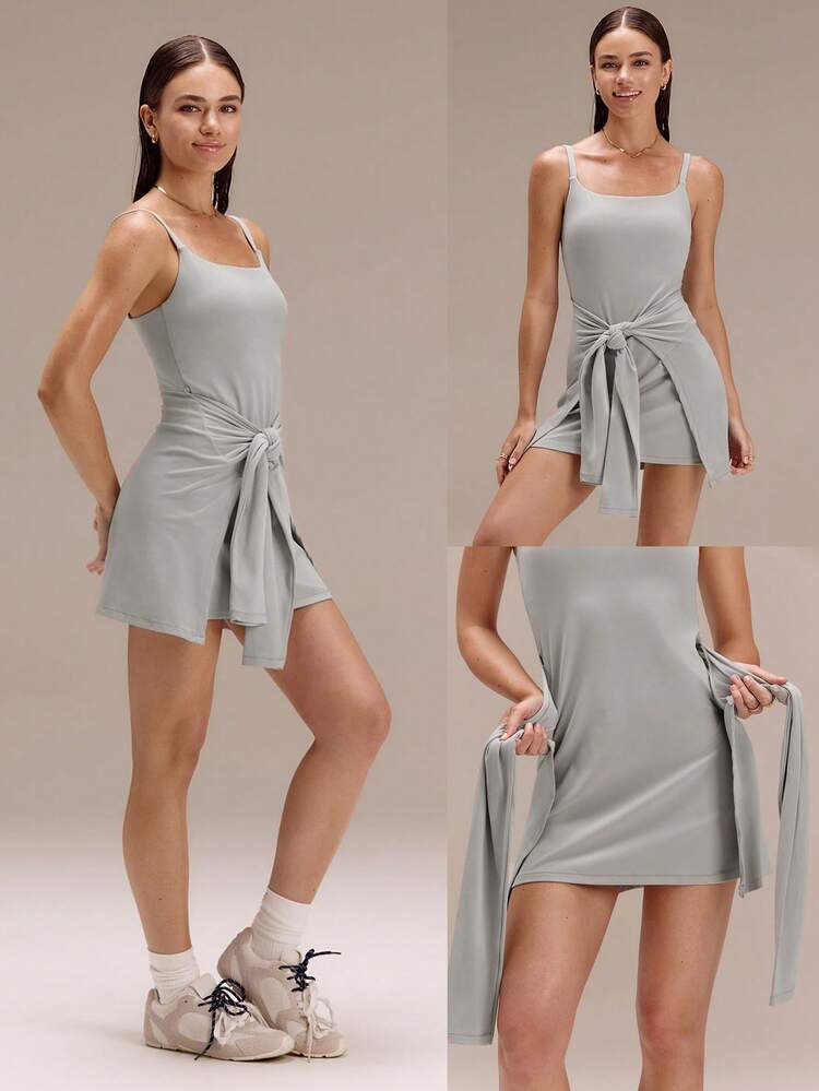 SunPlay nahtloses, verstellbares Trägerkleid mit Spaghettiträgern, abnehmbaren Cups, quadratischem Ausschnitt und Bindegürtel, Mini-Kleid für Urlaub, Ferien, Sommer und den täglichen Casual-Stil