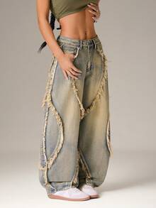 SHEIN PETITE 女士时尚百搭毛边口袋宽松休闲牛仔裤 - 藍色 - 查看 5