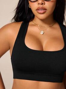 SHEIN Rhythm Era Sujetador deportivo sin costuras de alta elasticidad para mujeres de talla grande - Negro - Ver 6