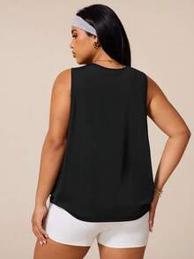 SHEIN Rhythm Era Plus Size Women Letter Print Cutout Sides Sports Tank Top Gym Sports Black And White Summer - Black - View 2