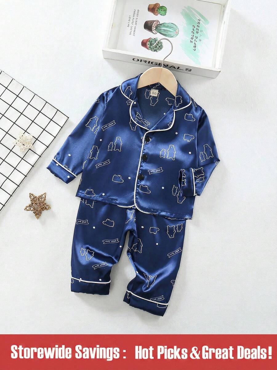 Em bé Con trai Gấu In Xa ten Trắng Áo liền quần Nhà  Bộ đồ Bộ - Màu xanh hải quân - Xem 1