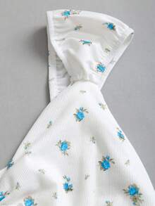 Sweetra 女士新款万圣节服装、圣诞节服装、感恩节服装、新年服装，适合派对、通勤、日常、旅行、夏季穿着，白色印花上衣，修身腰部褶皱设计，甜美可爱蝴蝶结装饰印花针织花瓣袖连帽钥匙孔领短袖T恤 - 藍色 - 查看 3