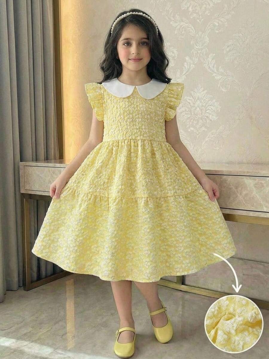 SHEIN 少女甜美时尚中长款高腰修身公主风碎花连衣裙;甜美荷叶边领,高腰设计,蓬松裙摆;时尚百搭无袖公主裙。儿童提花连衣裙,女童正式黄色连衣裙,女童黄色碎花连衣裙,女童柠檬黄连衣裙 - 黃色 - 查看 1