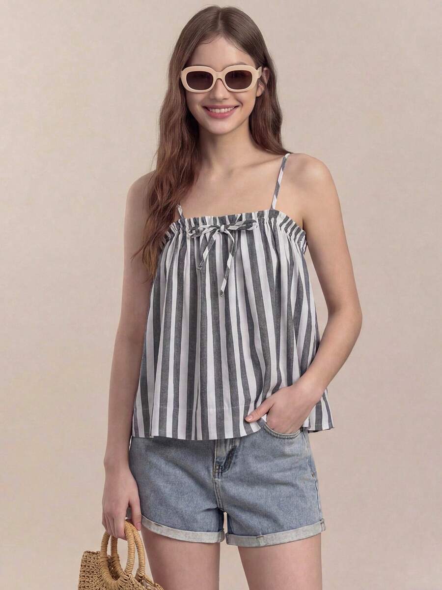 女士条纹荷叶边休闲百搭日常吊带背心 - 彩色 - 查看 1