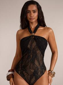 SHEIN BAE Women's Casual Vacation Black Lace Halter Sexy Bodysuit, Suitable For Beach Vacation, Casual Outings, Romantic Dates, Black Lace Bodysuit, Daily Wear - Black - View 1