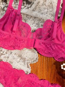 SHEIN 两件套经典性感蕾丝蝴蝶结内衣套装 - 玫紅色 - 查看 5