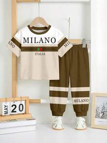 SHEIN Young Boy Casual Loose Sports Style Round Neck Short Sleeve Pants 2-Piece Set,Classic Italian Milano Text Striped Pattern Print,Summer Back-To-School - Multicolor - View 2