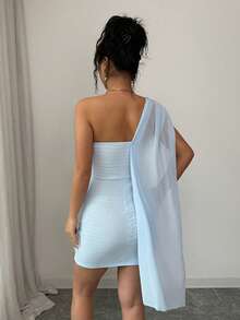 SHEIN Clasi Women's Elegant Romantic Textured One-Shoulder Bodycon Dress, Summer - Blue - View 2