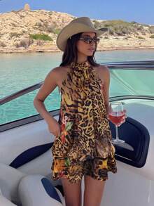 Bonvoyette Sexy Leoparden-Muster Neckholder Rückenfreies Kleid, Rüschenrock, Urlaubsstil für Frauen - Verschiedenfarbig - Übersicht 9