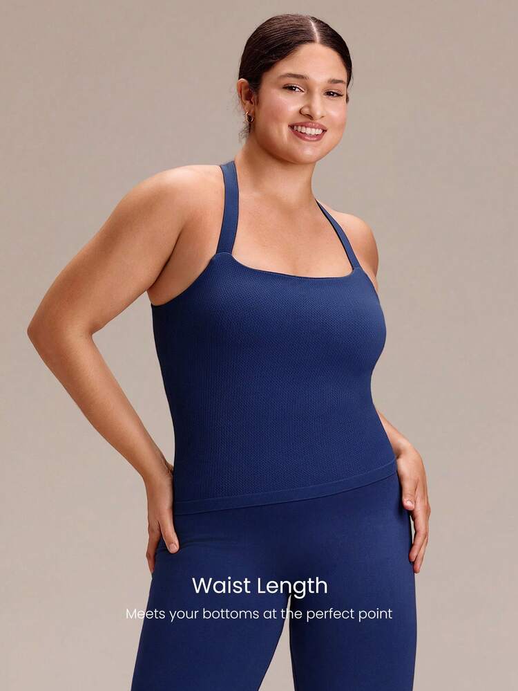 Plus Size Ultrafine Soft Seamless Soak Up The Sun Square Neck Open Back Removable Cups Tank Top Training Running Workout Gym Fitness Active Wear