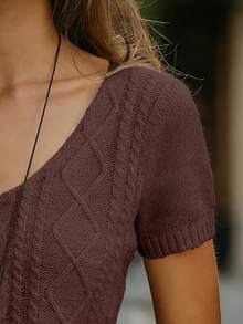 SHEIN Blusa de punto ajustada con cuello en V y manga corta, color albaricoque, con detalle de trenzado, uso diario minimalista - Marrón - Ver 5