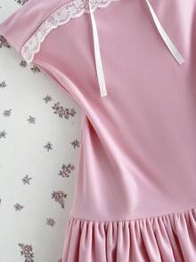 Elamini Women's Sweet Contrast Lace Strapless Mini Dress, Summer - Pink - View 4