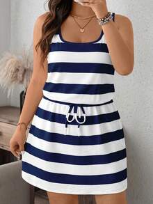 SHEIN LUNE Navy Style Blue Striped Casual Minimalist Plus Size Dress - Multicolor - View 1