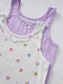 4pcs Tween Girls' Casual Bow Decor Letter Print Tank Tops - Multicolor - View 5