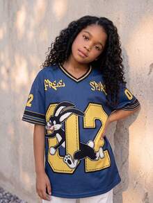 Tween Girls & Tween Boys Summer V-Neck Short Sleeve Loose Party Vacation Graduation Streetwear Casual Casual T-Shirt With Blue Mesh & Numeric Print Y2k Cropped Graphic Tee, Streetwear Tops, Stitch Jersey,Football Shirt - Blue - View 4