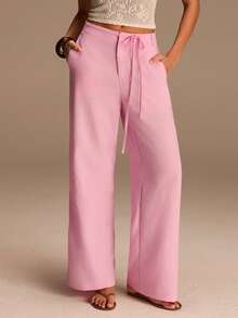 Athîral Pantalones anchos de pierna ancha de color rosa con textura para uso casual y vacaciones de mujer - Rosa - Ver 5