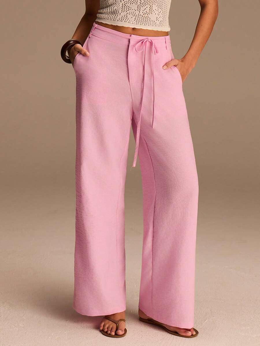 Athîral Women's Casual Vacation Textured Wide Leg Pink Pants - Pink - View 1