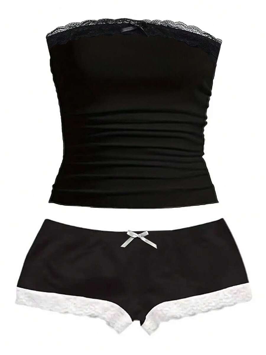 Zyxie Ladies Contrast Lace Camisole And Shorts 2 Pieces Outfit - Black - View 1