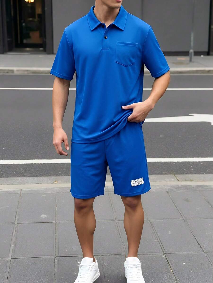 SHEIN 儿童两件套青少年男童宽松纯色翻领短袖polo衫和短裤套装，休闲装，适合通勤、上学、日常、运动，适合春夏季节穿着，日常穿着、运动、郊游、上学、聚会、节日、拍照等场合。男童两件套，男童polo衫和短裤，男童休闲套装，蓝色