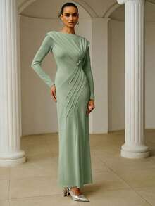 ZEYLAH Vestido de manga larga con hombros descubiertos y estructura de volantes asimétricos, para primavera/verano - Verde - Ver 3