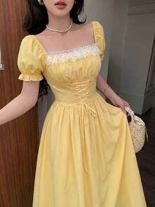 Glamine Charm Đầm maxi nữ thắt eo, tay phồng, phối ren hoa, họa tiết hoa. - Màu vàng - Xem 10
