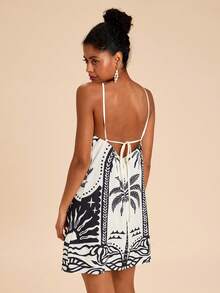 SHEIN TRVLCHIC Váy ngắn hở lưng cổ yếm in hình cây dừa cho kỳ nghỉ hè - Nhiều màu - Xem 2