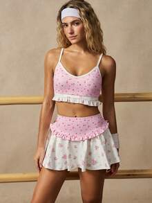 VARSIVA Women's Contrast Ditsy Floral Ruffle Trim Camisole And Mini Skirt Sports Suit - Multicolor - View 3