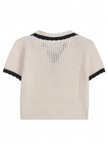INAWLY Korean Style Black & White Contrast Hollow Knit Polo Shirt For Women, Summer V-Neck Tie-Up Loose Short Sleeve Comfortable Casual Commute Cropped Top Business Casual Women Tops Clothes For Ladies Woman Clothes Blouse For Women Casual Polo Blouse Korean Style - White - View 3
