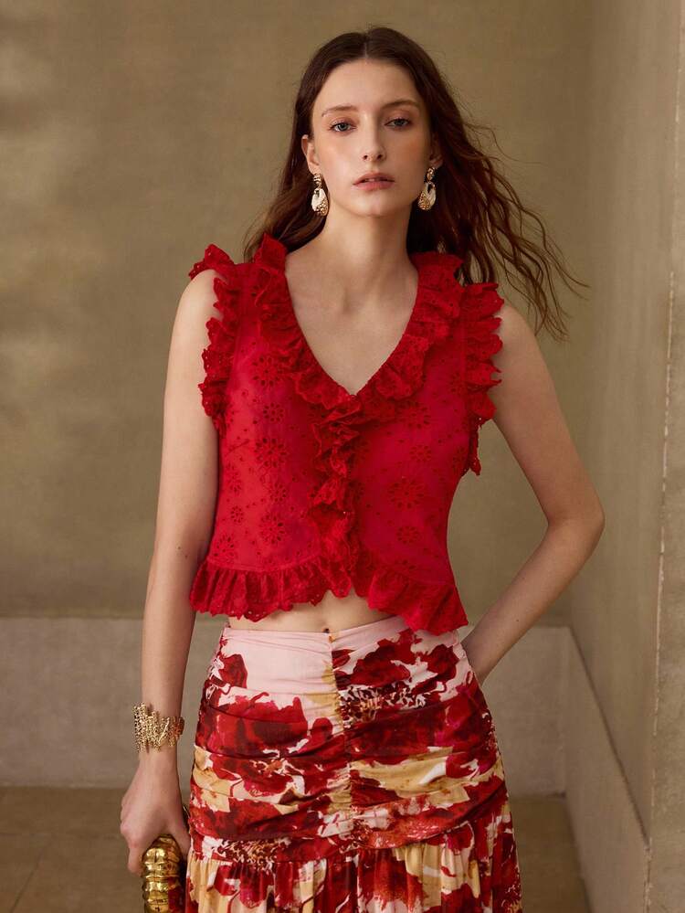 WOMEN'S HOLLOW OUT EMBROIDERY V-NECK BLOUSE, SPRING/SUMMER