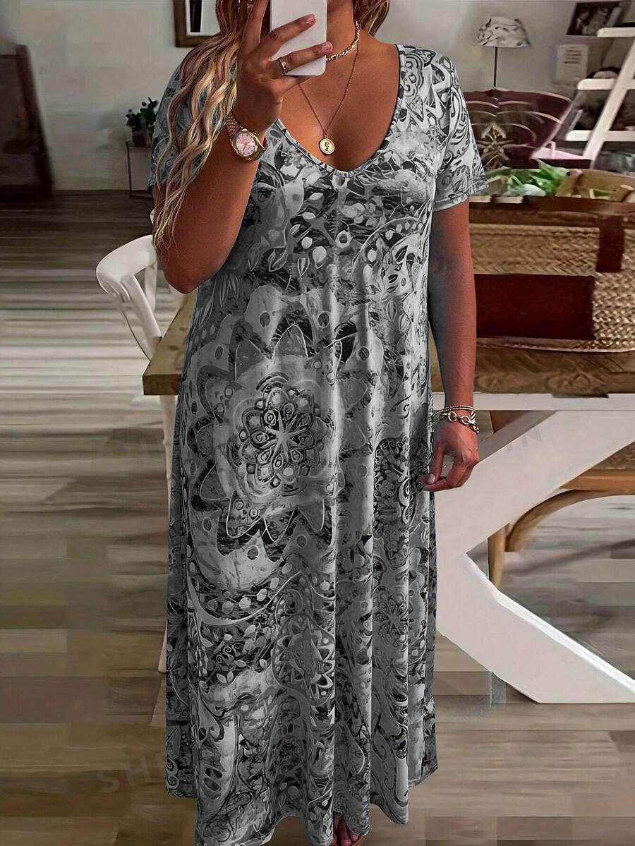 Vestido maxi de talla grande con estampado de plantas y cuello en V para el estilo de vacaciones de verano para mujeres - Gris - Ver 1