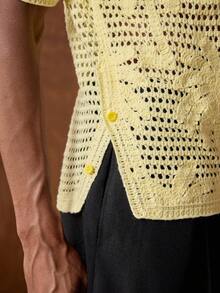 AKNOTIC Men's Summer Casual Vacation Tropical Coconut Tree Pattern V-Collar Open Knit Top - Yellow - View 8