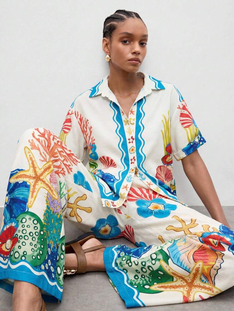 SHEIN Maija Calça Flowy de Perna Larga com Cintura Elástica e Estampa de Oceano de Férias MAIJA