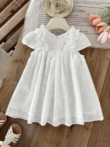 LMoss Kids Babygirl Summer Cute Solid Color Embroidered Ruffle Hem Sleeveless Dress - White - View 3