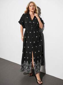 Maija Plus Size V-Neck Short Sleeve Ruffle Hem Pleated Black Summer Elegant Cute Tea Party Vacation Allover Print Dress For Women Boho Vacation Floral - Black - View 1