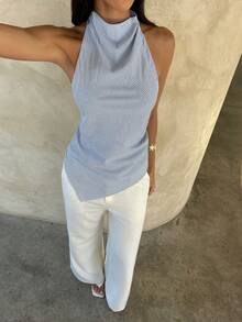 Aloruh Women's Striped Print Halter Asymmetric Hem Sleeveless Top - Blue and White - View 1