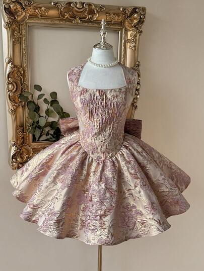 Lovelzi Luxury Palace Style Jacquard Fabric Peach Elegant Square Neck Sexy Open Back Detachable Big Bow Decor A-Line Puff Dress, Suitable For Date, Vacation, Singles Party, Ball, Wedding, Graduation, Prom