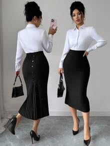 Elenzga Falda plisada elegante y ajustada para mujer de talla grande, primavera/verano - Negro - Ver 7