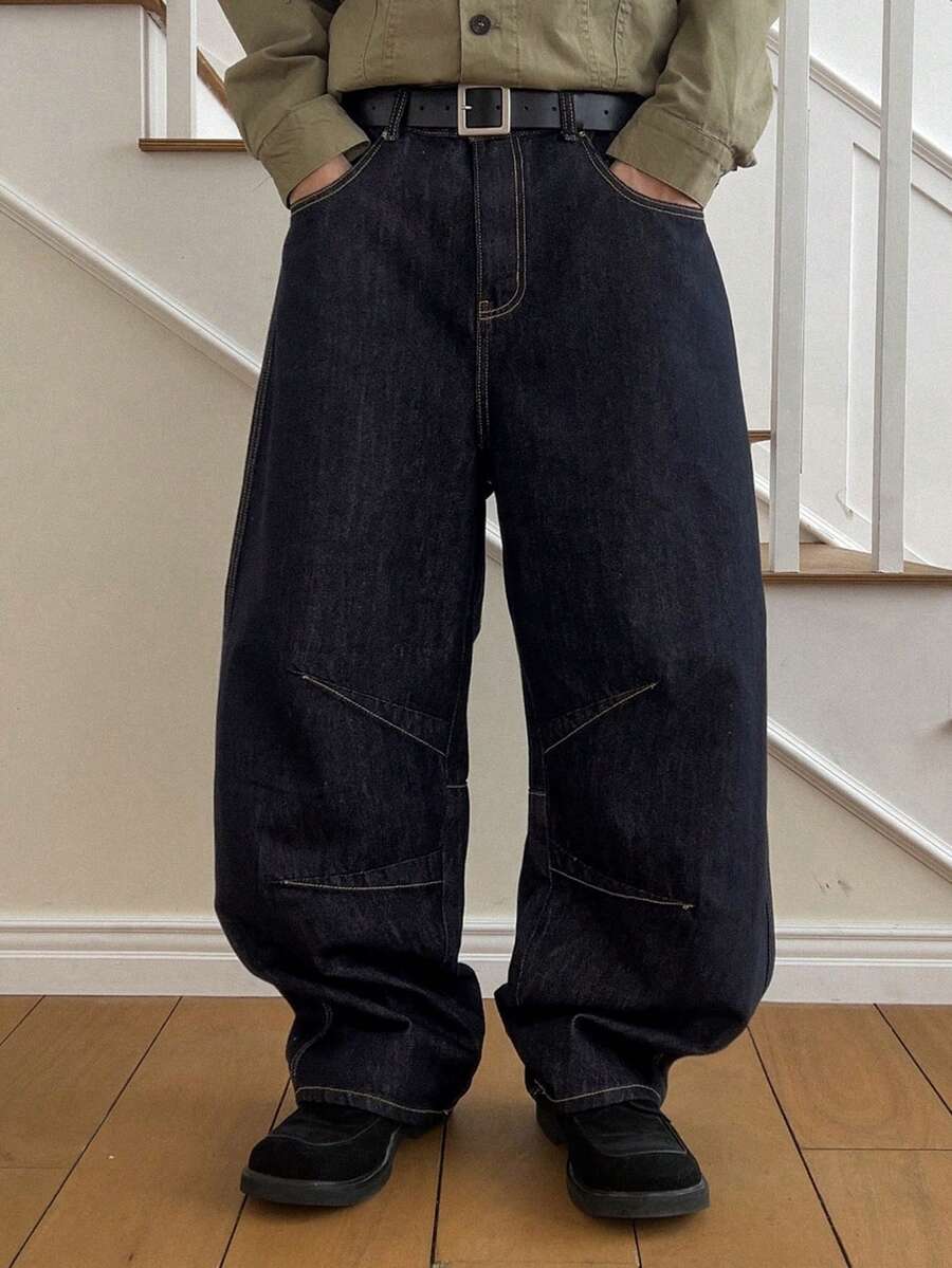 DAZY Långa blå tvättade slitna jeans med barrel leg-mönster, streetwear-stil för män - Blå - Visa 1
