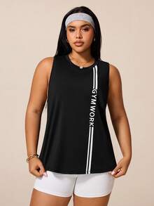 Rhythm Era 大码女式条纹字母印花时尚百搭运动背心 - 黑色 - 查看 3