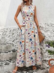 Ellevyn Vacation Casual Floral Print Cinched Waist Sleeveless Dress - Multicolor - View 2