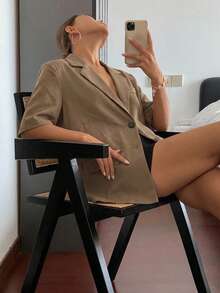 Livesso 女款純色短袖休閒西裝外套 夏季校園風 - 卡其色 - 查看 5