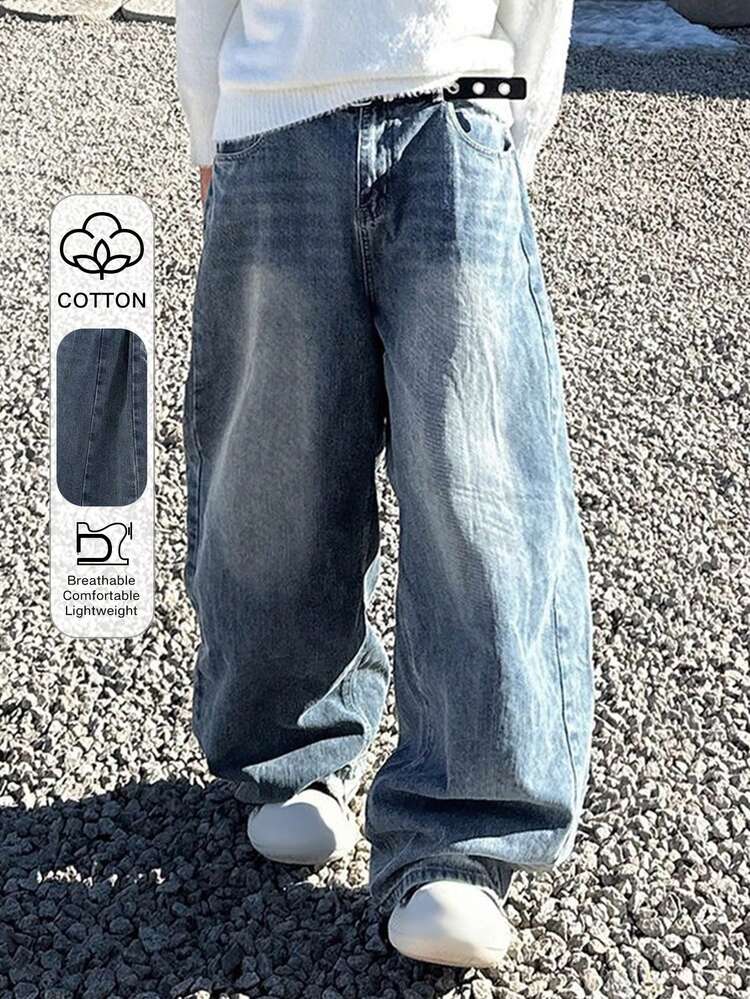 Spring Washed Blue Men's Pocket Wide Leg Loose Casual Jeans