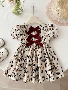 SHEIN Baby Girl Cute & Elegant Floral Bow Loose Short Sleeve Dress - Multicolor - View 2