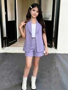 SHEIN 3件組夏季套裝：紫色串珠背心、優雅短褲與細肩帶背心套裝，適合8至12歲前青春期女孩的時尚茶會服裝 - 紫色 - 查看 1