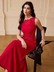 ZEYLAH Embroidered Decor Fitted Waist Dress, Spring/Summer - Red - View 7