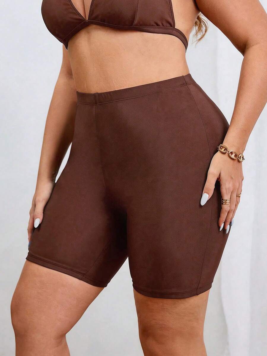Swim SPRTY Plus Size Women's Solid Color Casual Swim Shorts Bikini Bottoms Butt Lifting Shorts - Brown - View 1