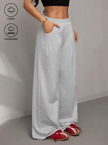 SHEIN PETITE 女士秋季街头风休闲复古灯芯绒纹理长裤 - 灰色 - 查看 5