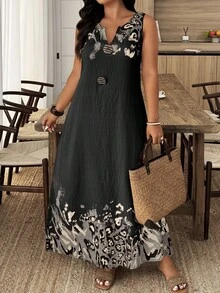 Đầm chữ A không tay cổ chữ V in họa tiết, đính cúc, cỡ lớn dành cho nữ, thích hợp cho kỳ nghỉ và mặc hàng ngày, mùa xuân/hè. - Nhiều màu - Xem 5