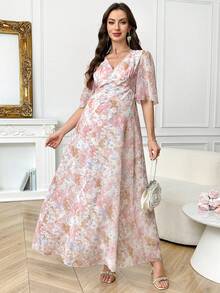 SHEIN 孕妇优雅印花V领荷叶袖连衣裙，夏季 - 彩色 - 查看 3