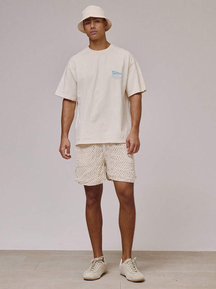 Musero 弹力腰带开孔钩针编织短裤，春夏必备假日沙滩装 - 杏色 - 查看 1